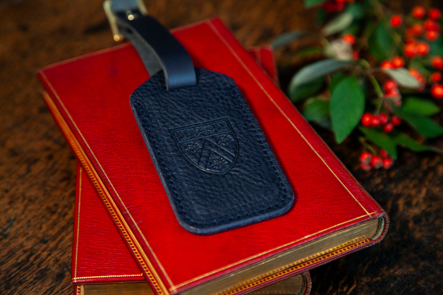 Navy Leather College Luggage Tag, Debossed Crest