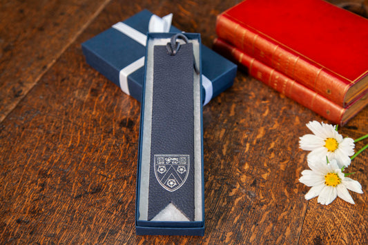 College Bookmark, Navy Leather with Silver Print