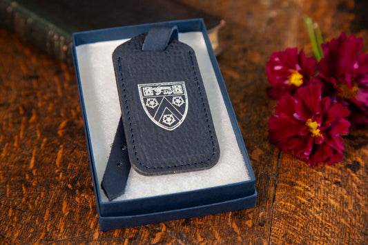 Navy Leather College Luggage Tag, Silver Print